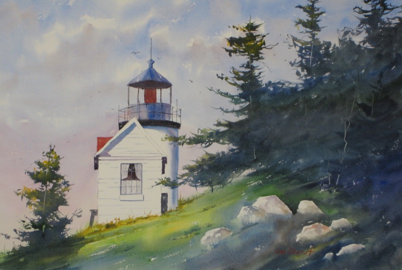 seascape, landscape, lighthouse, bass, harbor, acadia, maine, shore, original watercolor painting, oberst
